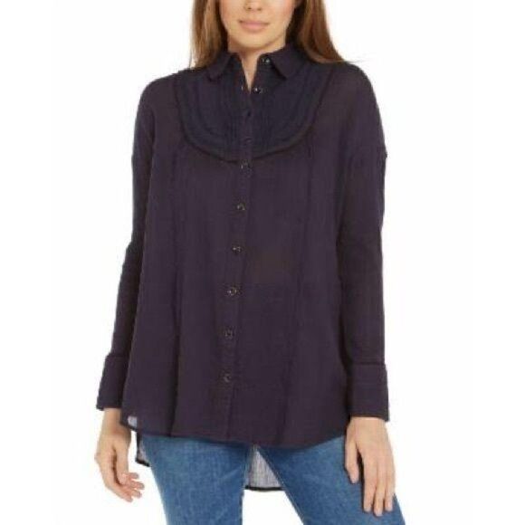Free‎ People NEW Navy Blue Contrast Seam Blouse Top - Picture 1 of 7